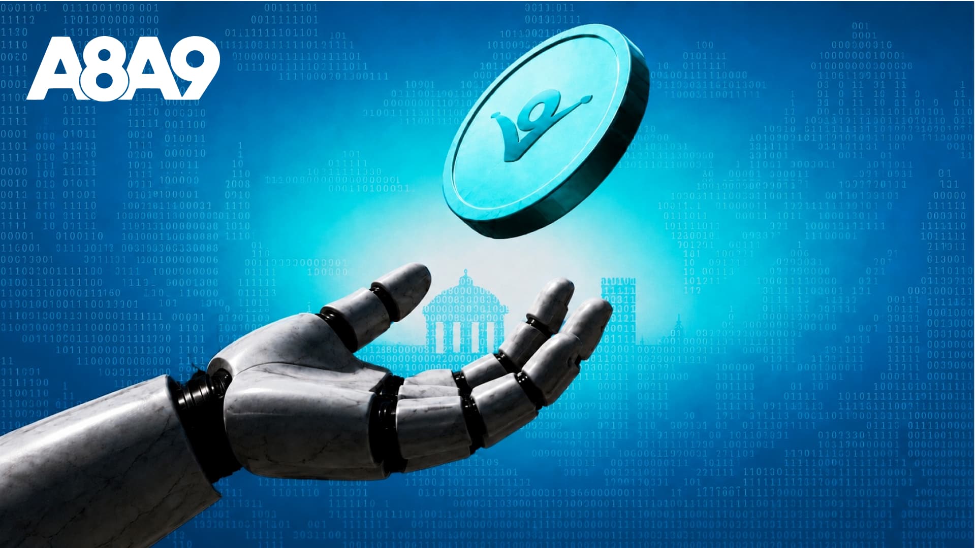 Artificial intelligence and Web3 token economy concept featuring a robotic hand and digital crypto token