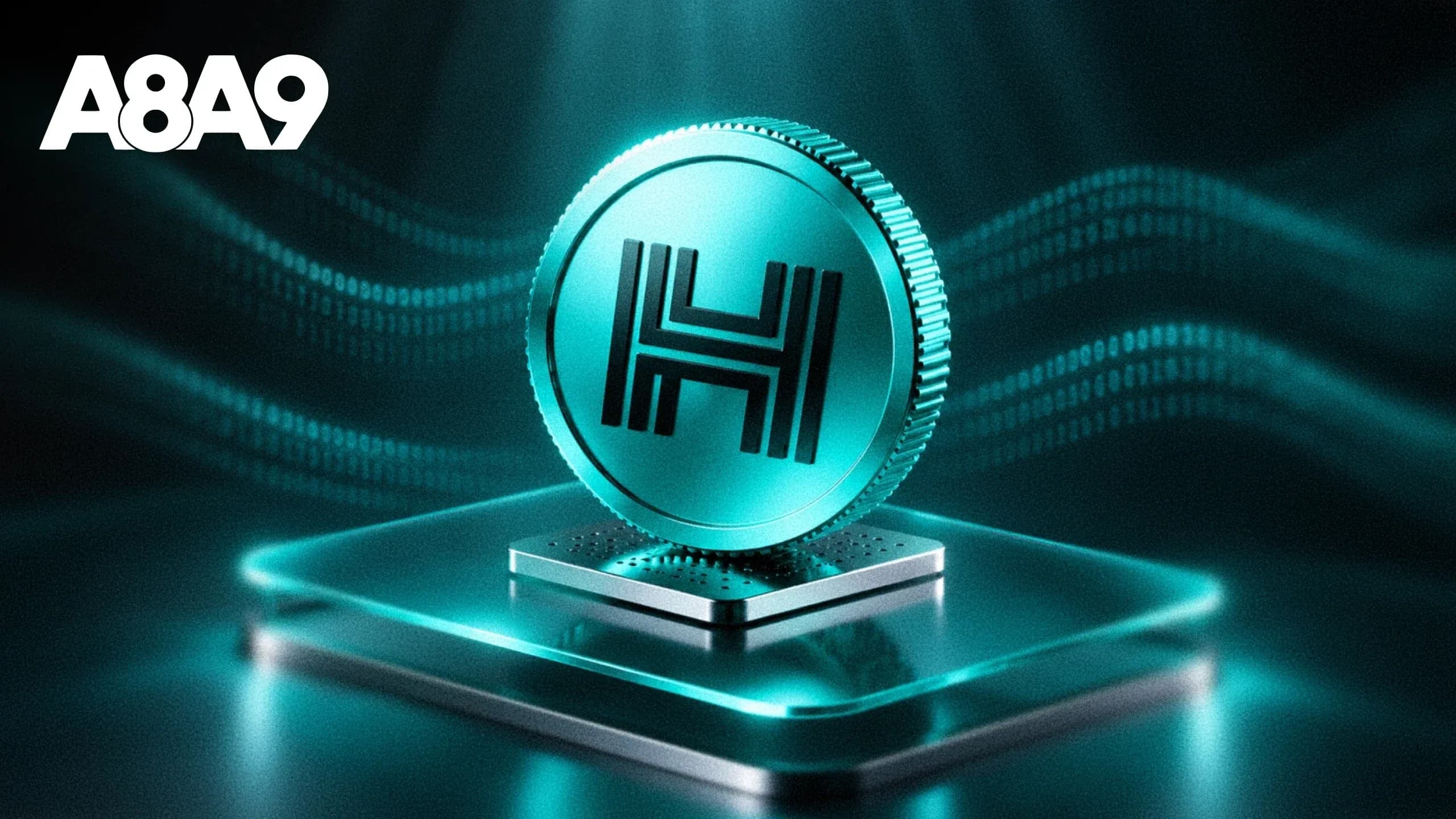 Обложка статьи А8А9 об аудите HES: бирюзовая монета Hacken на стеклянной платформе