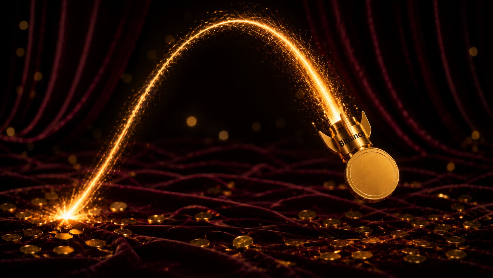 Золотая монета с надписью Binance взлетает по дуге как фейерверк и падает вниз — символ обвала цены токена после листинга