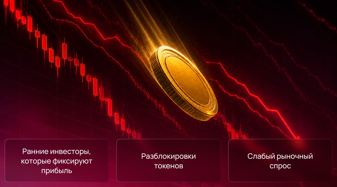 Золотая монета падает на фоне обвального красного графика; три причины падения после листинга: фиксация прибыли ранними инвесторами, разблокировки токенов, слабый рыночный спрос