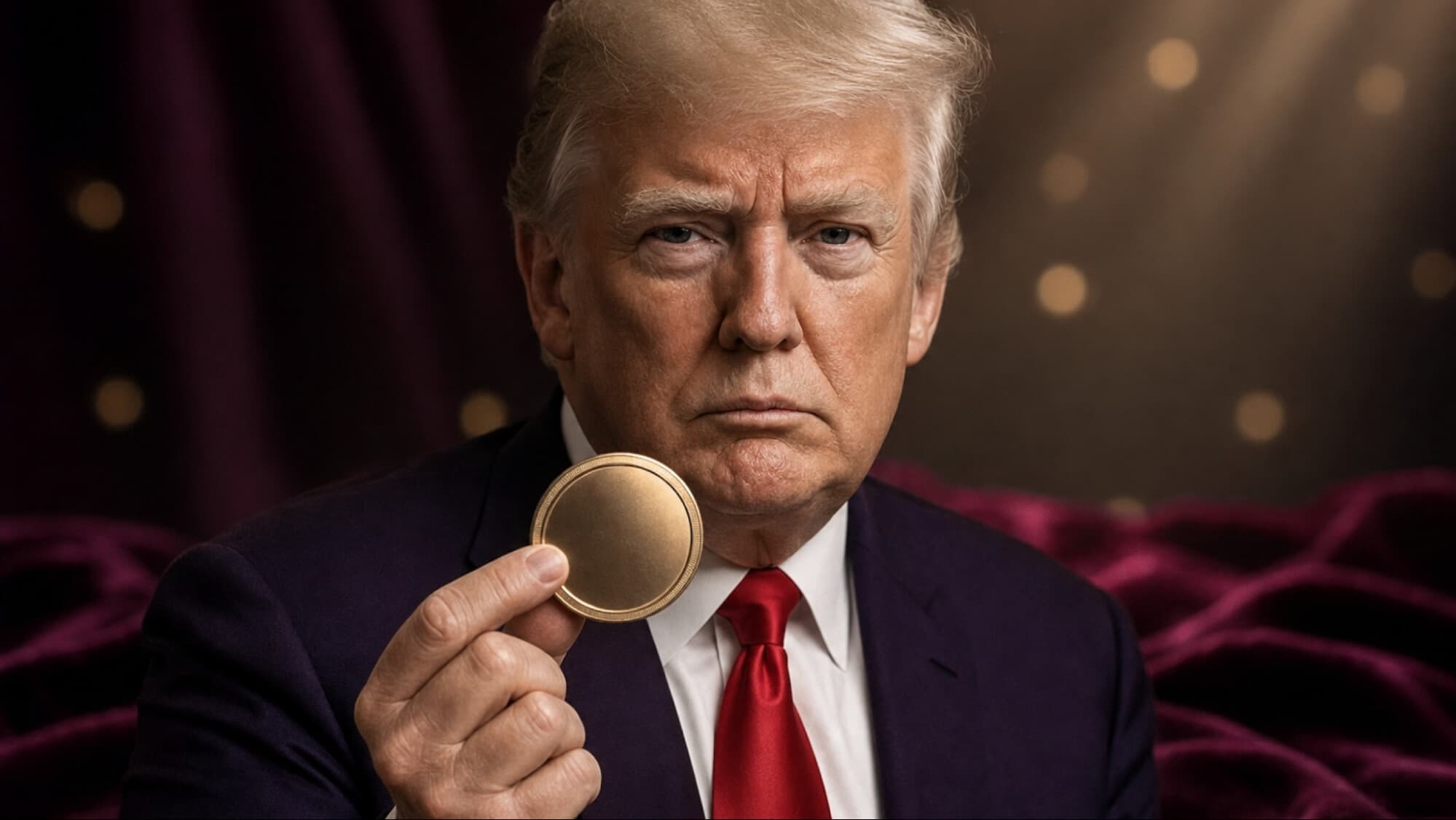 Дональд Трамп в тёмном костюме держит чистую золотую монету — отсылка к тому, как его заявление о пошлинах против Китая спровоцировало крах крипторынка в октябре 2025 года.