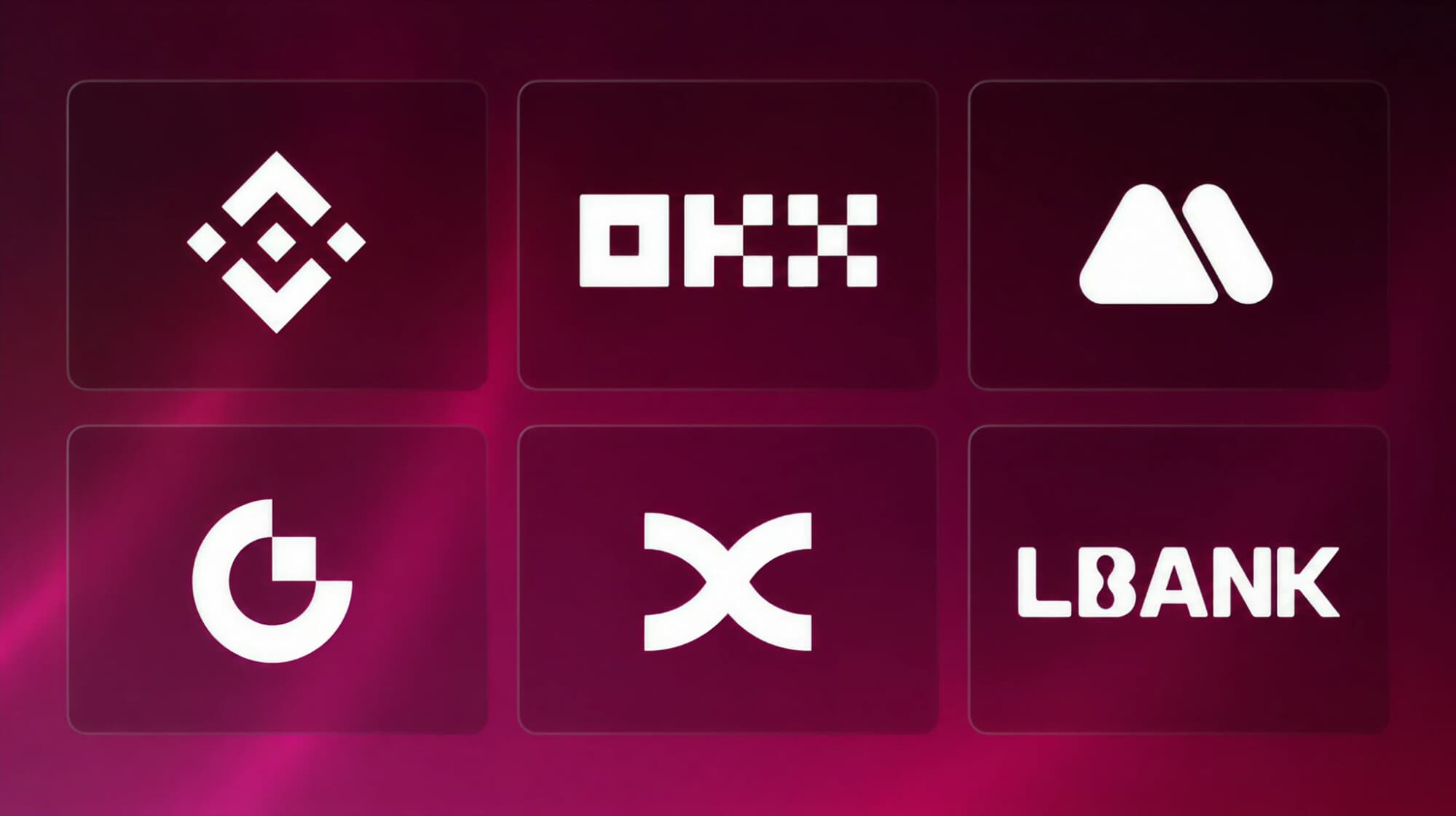 Логотипы шести централизованных бирж из исследования A8A9: Binance, OKX, MEXC, Gate.io, BingX и LBank
