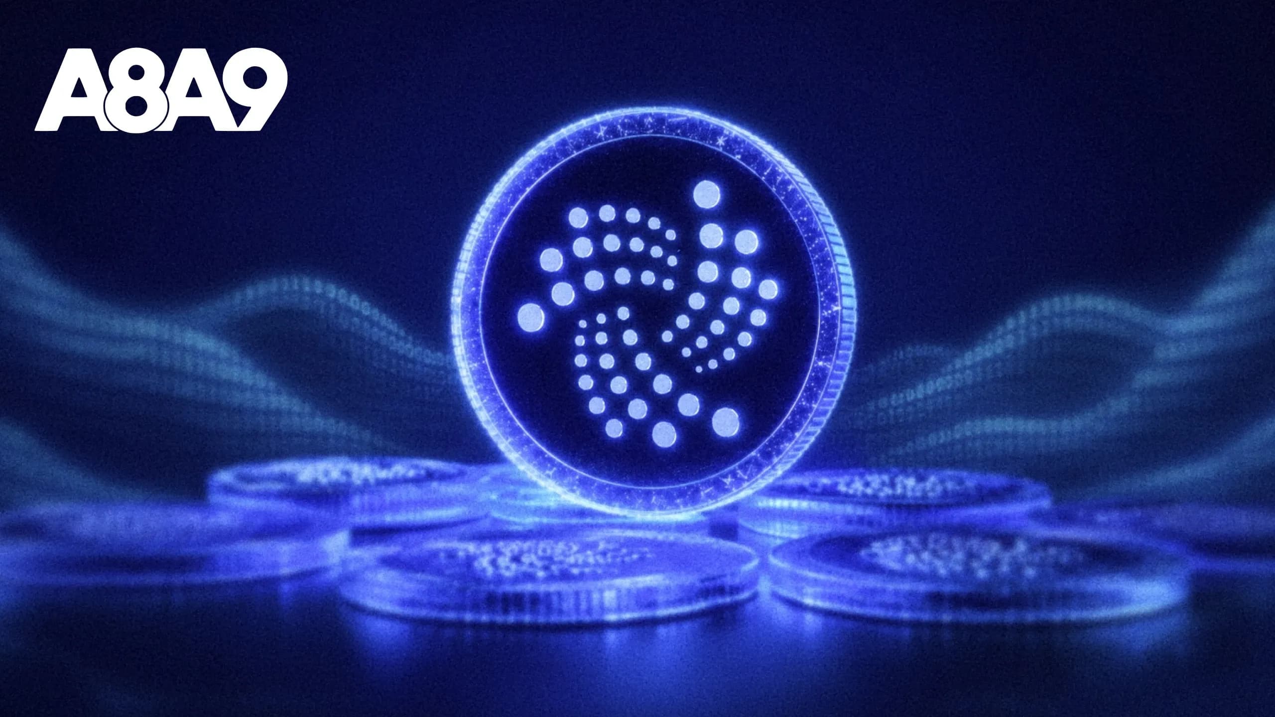 Обложка аудита токеномики IOTA ($IOTA): монета IOTA на фоне бинарной волны