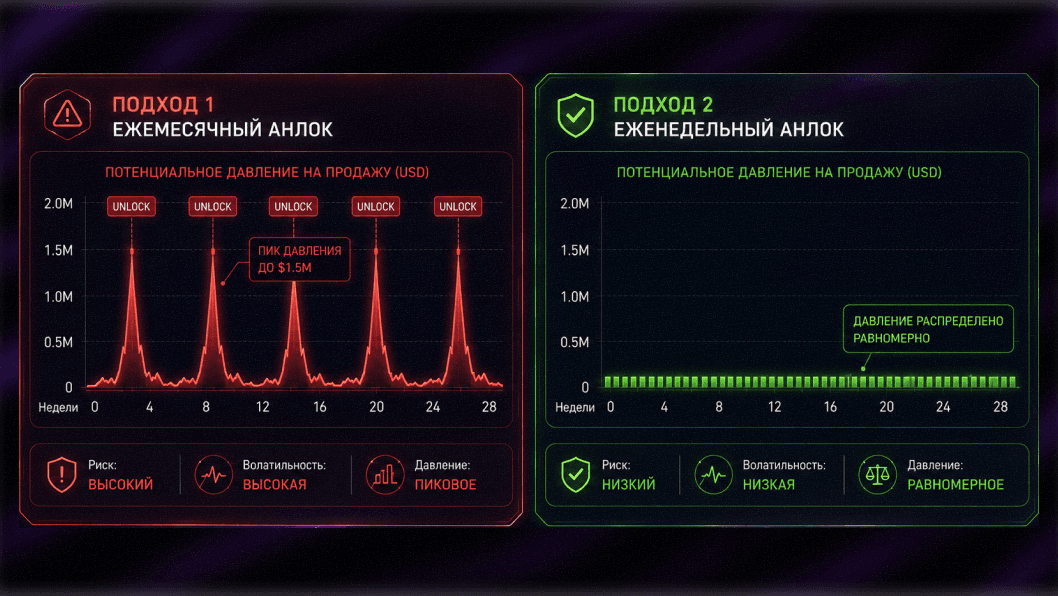 Two sell-pressure charts: monthly unlock peaks up to $1.5M with high volatility vs weekly unlock distributed evenly at low risk