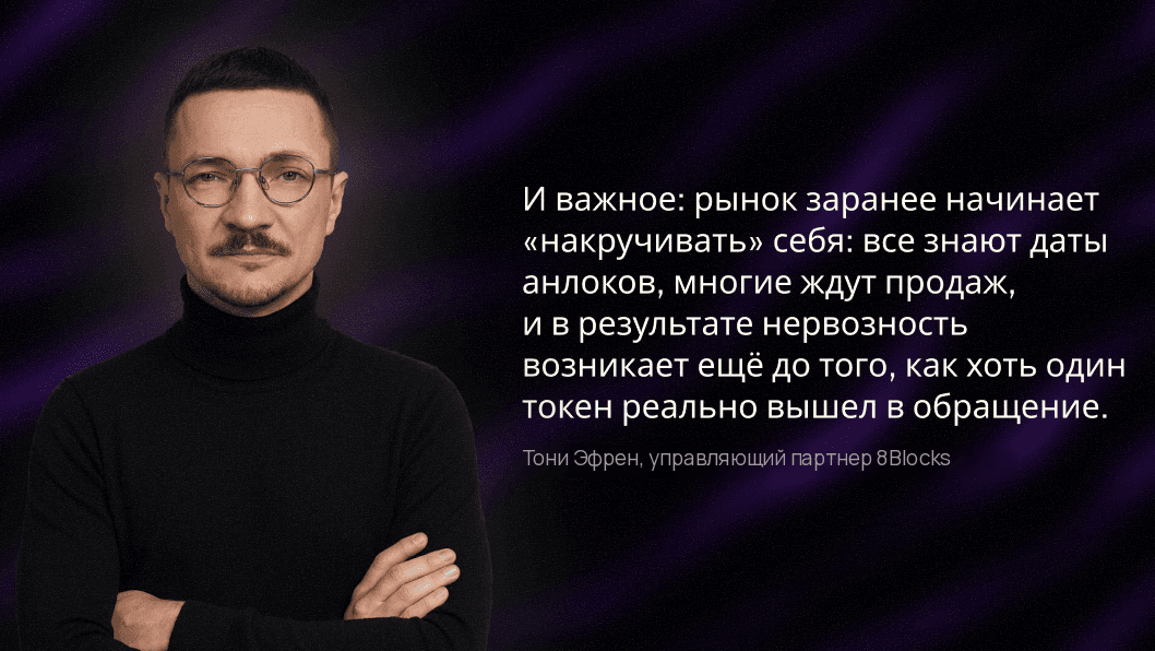Тони Эфрен, управляющий партнер 8Blocks, прокомментировал нарастающую перед запуском рыночную нервозность, связанную с предсказуемыми датами разблокировки токенов.