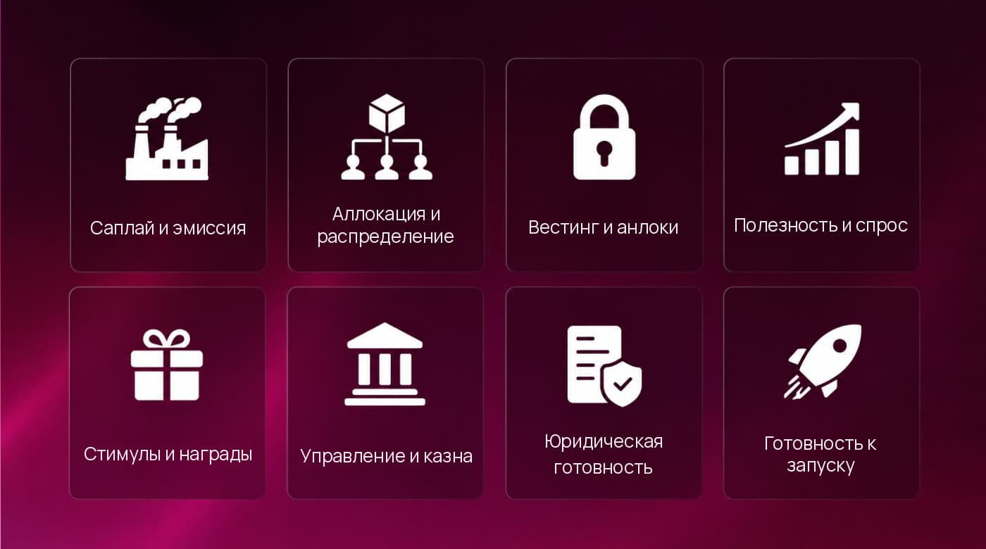 Восемь категорий чек-листа аудита токеномики: предложение и эмиссия, аллокация и распределение, вестинг и анлоки, утилити и спрос, стимулы и награды, управление и казна, юридическая готовность и готовность к запуску