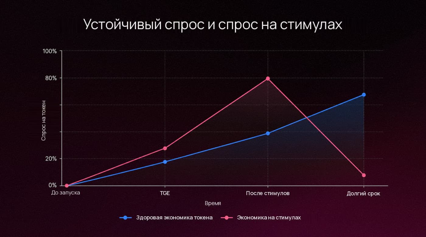 Линейный график: устойчивый спрос на токен растёт долгосрочно, спрос на стимулах резко растёт и затем падает