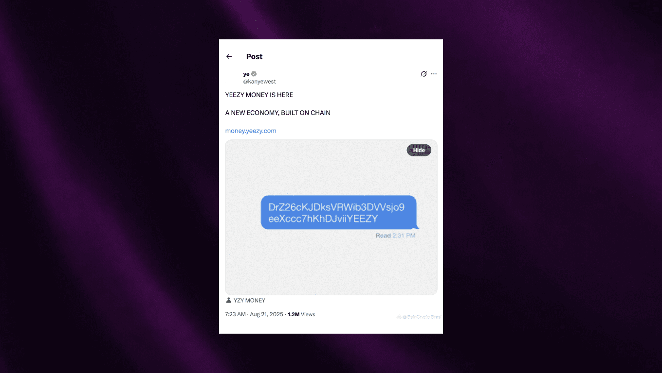 Пост Канье Уэста в соцсети X, анонсирующий запуск YZY MONEY, с подписью «Новая экономика, построенная на блокчейне» — токена, 94% которого контролировали инсайдеры