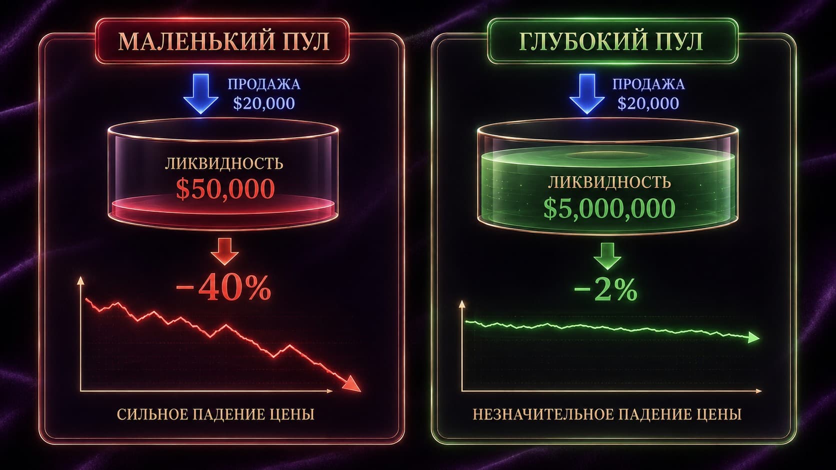 Сравнение мелкого и глубокого пула ликвидности — продажа на $20 000 обрушивает цену на 40% в пуле $50 000 и лишь на 2% в пуле $5 млн
