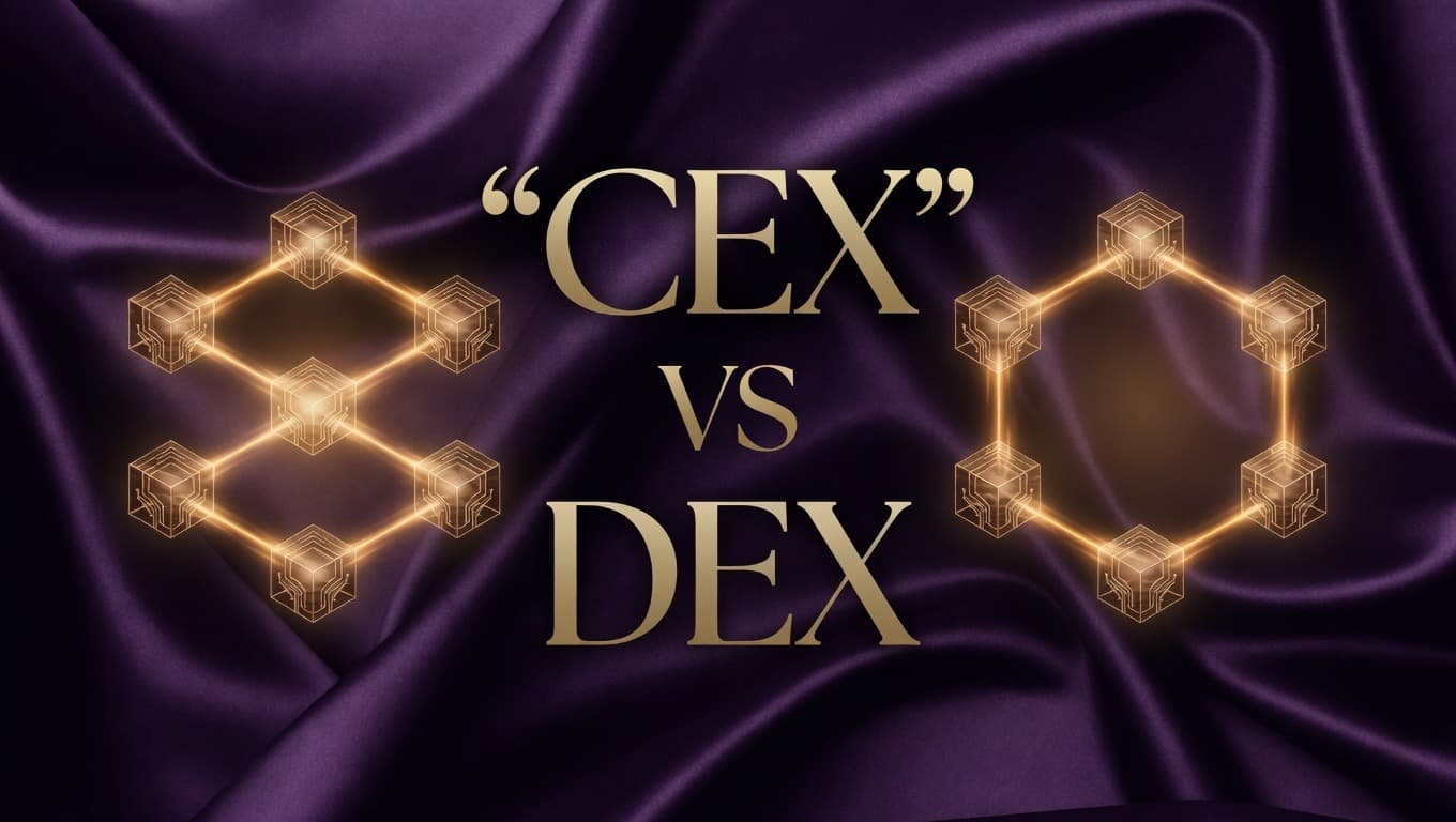 Сравнение CEX и DEX — централизованная и децентрализованная блокчейн-сети на фиолетовом шёлковом фоне
