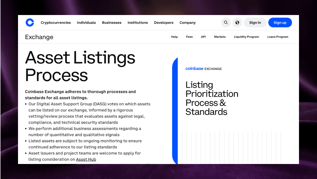 Страница Coinbase Asset Listings Process — этапы проверки legal, compliance и technical security перед листингом на CEX