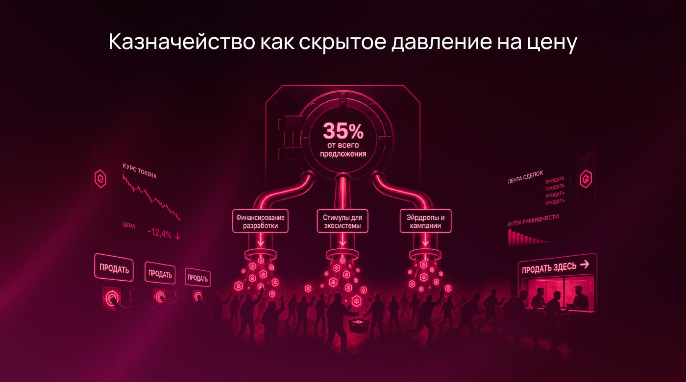 Схема: казначейство Virtuals с 35% предложения направляет токены на разработку, стимулы и кампании, создавая давление на цену